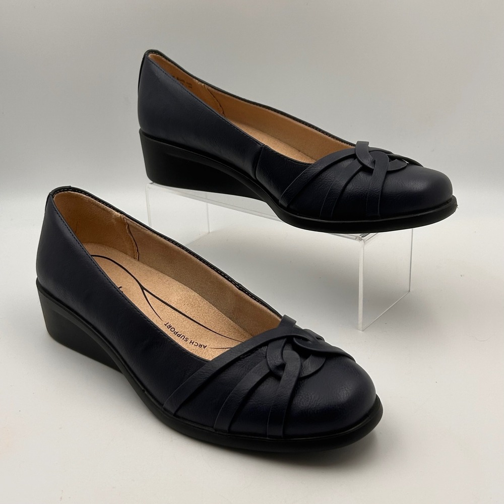 LifeStride Jorie Wedge Pumps Women 10W Navy Blue Knotted Comfort Career Classic